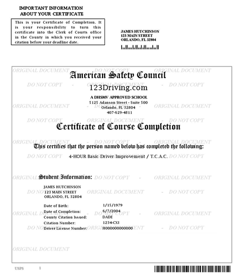 florida sample traffic school certificate